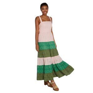 Hutch Maxi Dress Tiered Ruffle Size 6 Cottagecore Pink Green Eyelet Lace Peasant